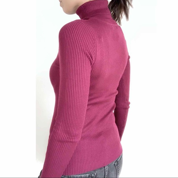 BURGUNDY SLIM FIT RIBBED TURTLENECK TOP - Picture 7 of 8